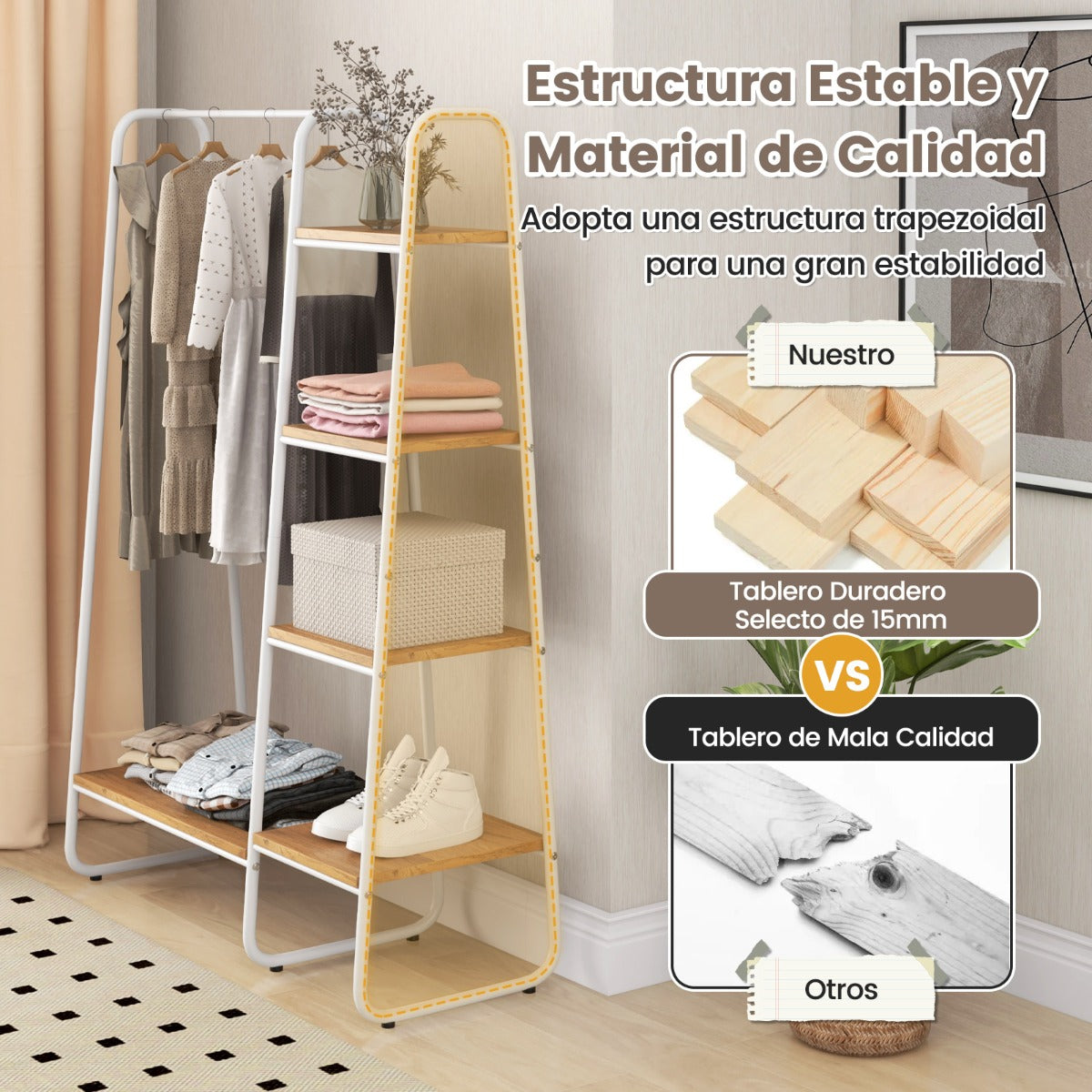 Perchero Burro Ropa de Madera con Armario Portátil 5 Niveles Estantes de Almacenamiento para Colgar Ropa 99,5 x 40 x 151 cm Natural