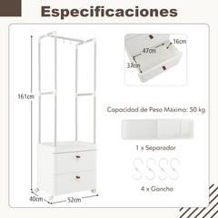 Perchero Independiente con 2 Cajones Ruedas Barra de Colgar Estantes 4 Ganchos Organizador de Ropa para Entrada Dormitorio Vestidor Blanco