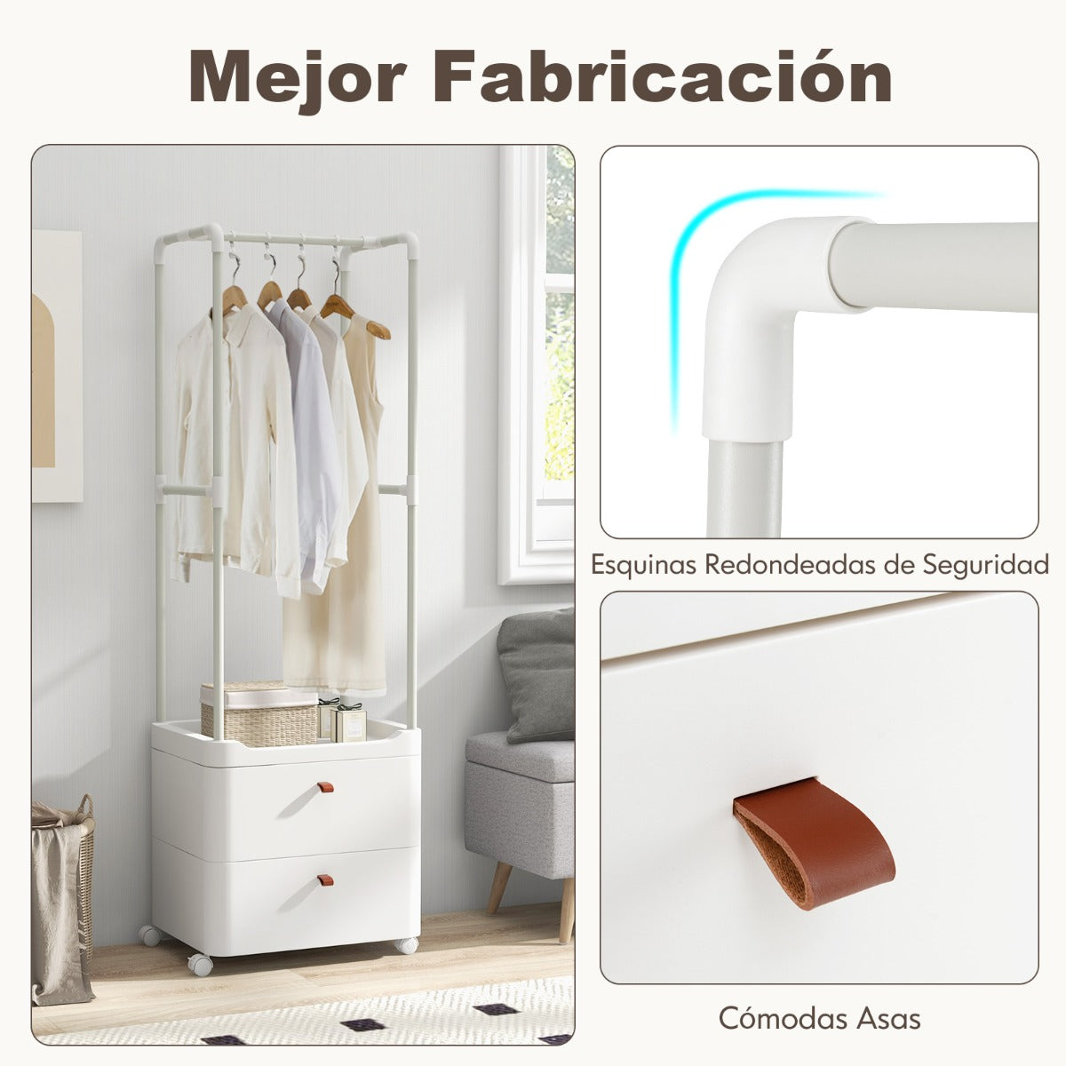 Perchero Independiente con 2 Cajones Ruedas Barra de Colgar Estantes 4 Ganchos Organizador de Ropa para Entrada Dormitorio Vestidor Blanco