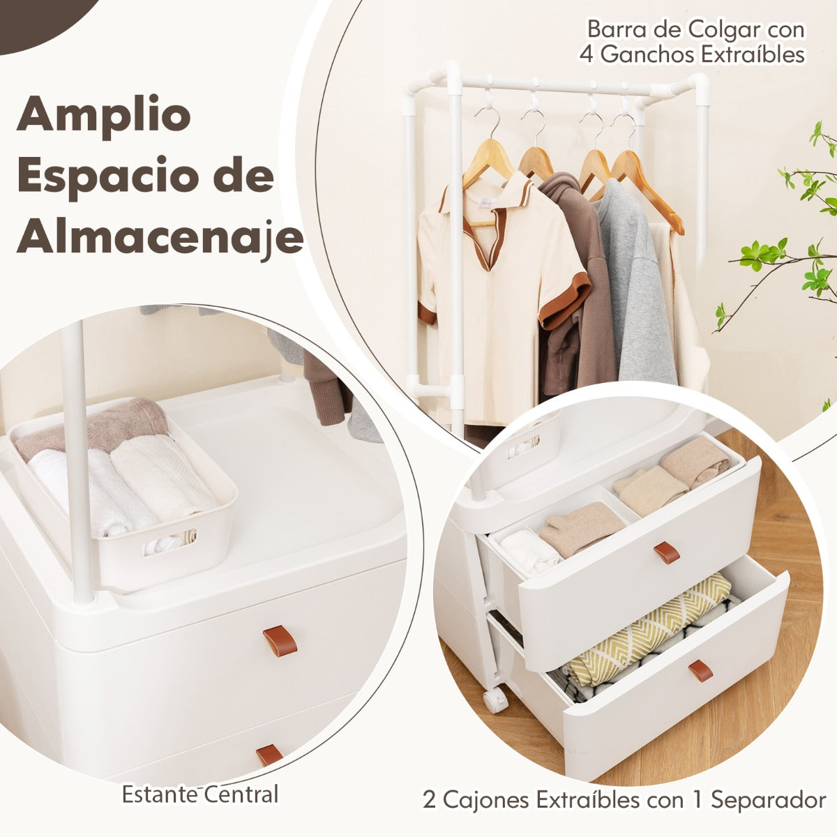 Perchero Independiente con 2 Cajones Ruedas Barra de Colgar Estantes 4 Ganchos Organizador de Ropa para Entrada Dormitorio Vestidor Blanco