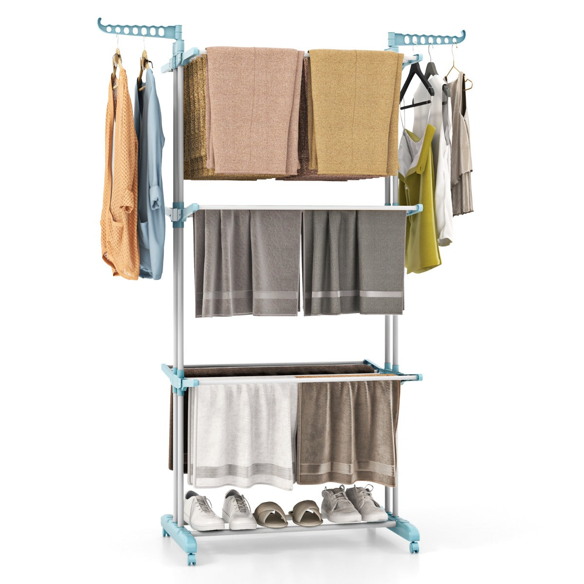 Perchero Plegable con Ruedas 4 Niveles Soporte Independiente para Secar Ropa Toallas Zapatos 127 x 76 x 171 cm Azul