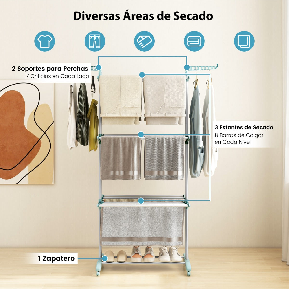 Perchero Plegable con Ruedas 4 Niveles Soporte Independiente para Secar Ropa Toallas Zapatos 127 x 76 x 171 cm Azul
