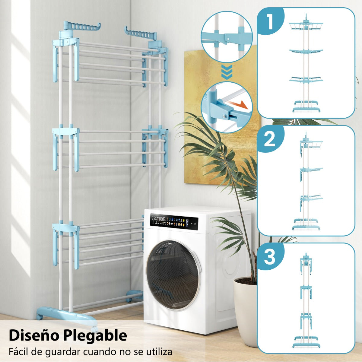 Perchero Plegable con Ruedas 4 Niveles Soporte Independiente para Secar Ropa Toallas Zapatos 127 x 76 x 171 cm Azul