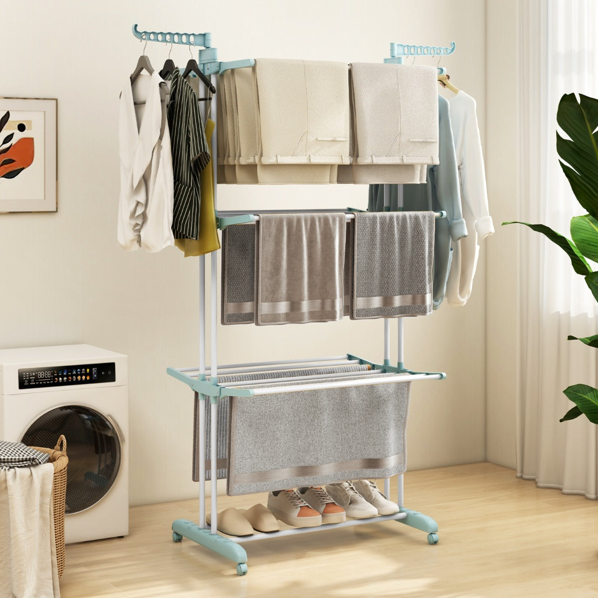 Perchero Plegable con Ruedas 4 Niveles Soporte Independiente para Secar Ropa Toallas Zapatos 127 x 76 x 171 cm Azul