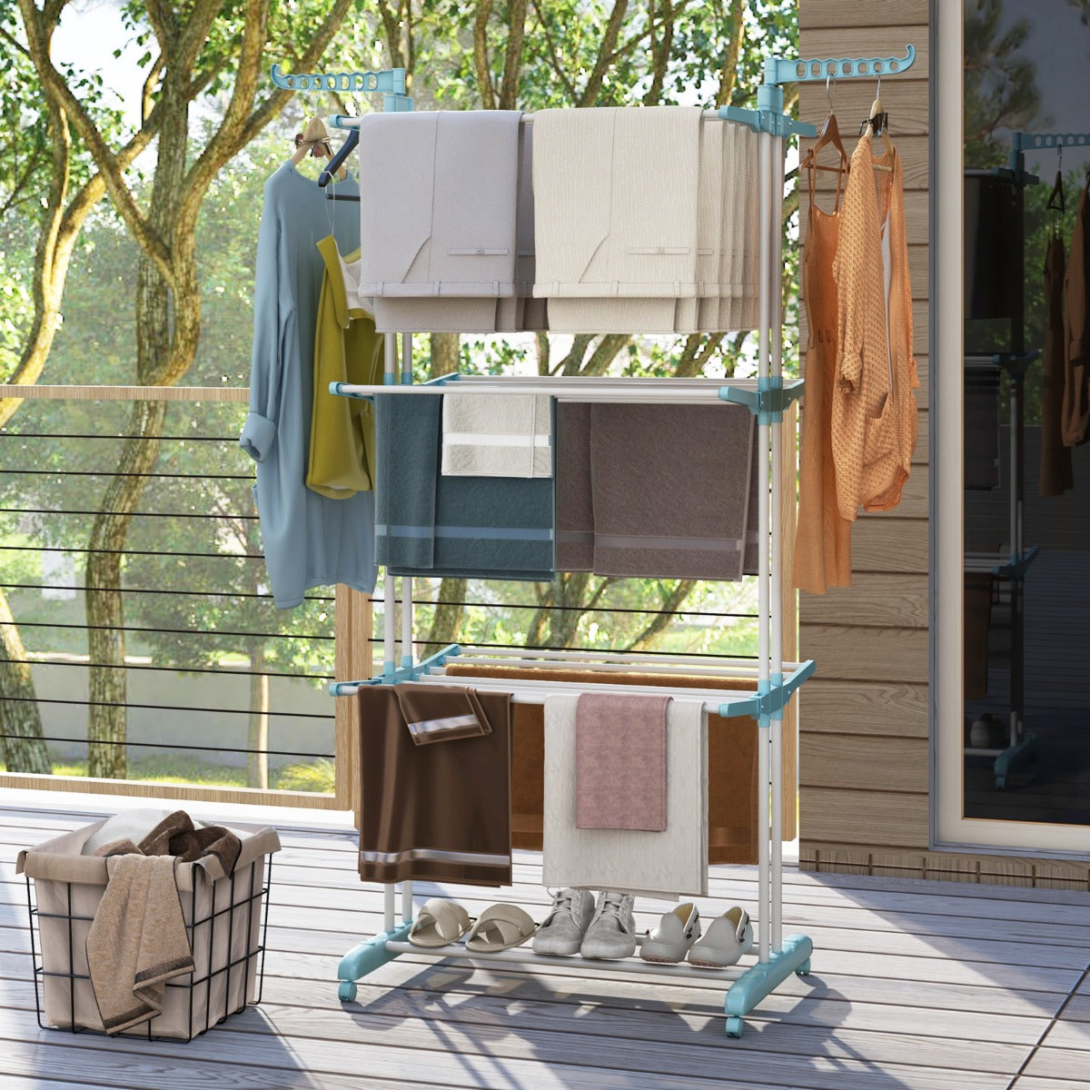 Perchero Plegable con Ruedas 4 Niveles Soporte Independiente para Secar Ropa Toallas Zapatos 127 x 76 x 171 cm Azul