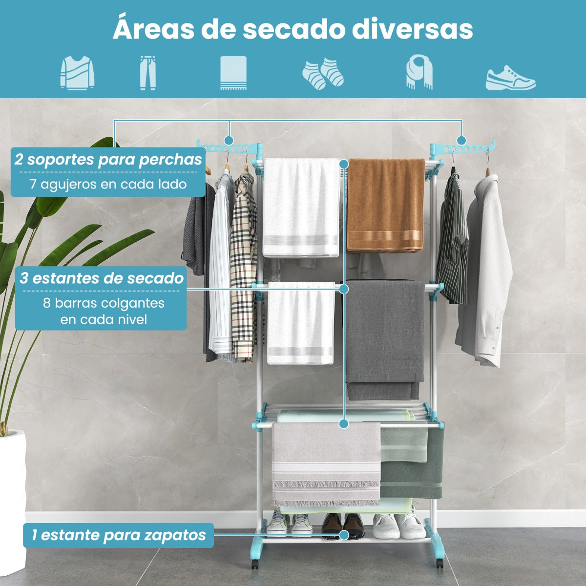 Perchero Plegable de 4 Niveles Soporte Independiente para Secar Ropa con Ruedas para Terraza Toallas Zapatos 127 x 63 x 171 cm Azul y Negro