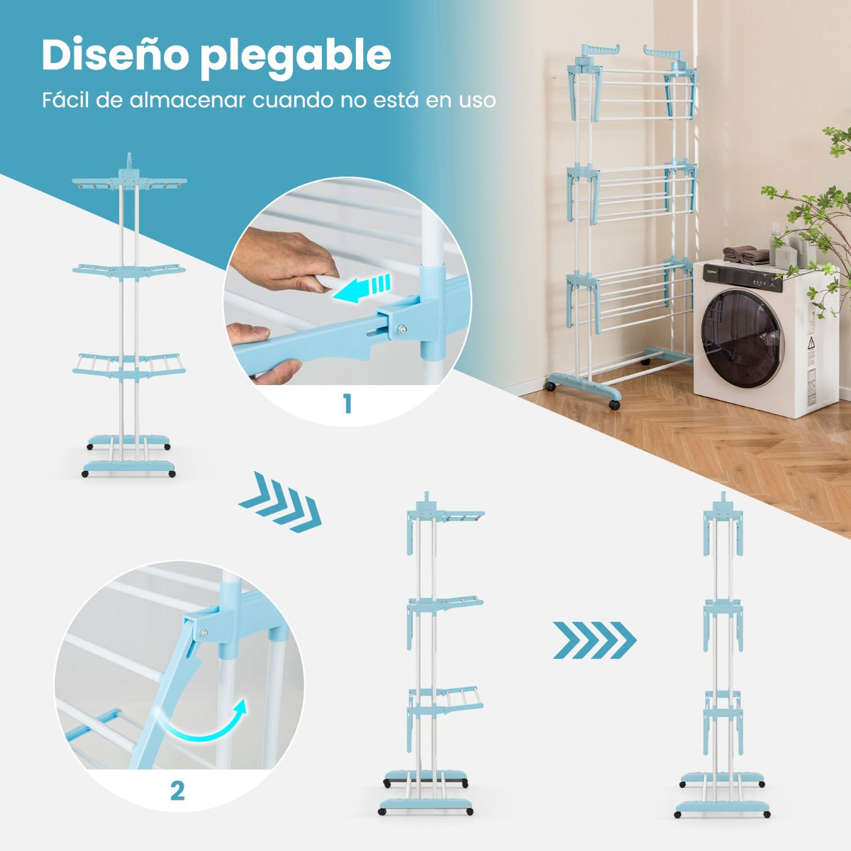 Perchero Plegable de 4 Niveles Soporte Independiente para Secar Ropa con Ruedas para Terraza Toallas Zapatos 127 x 63 x 171 cm Azul y Negro