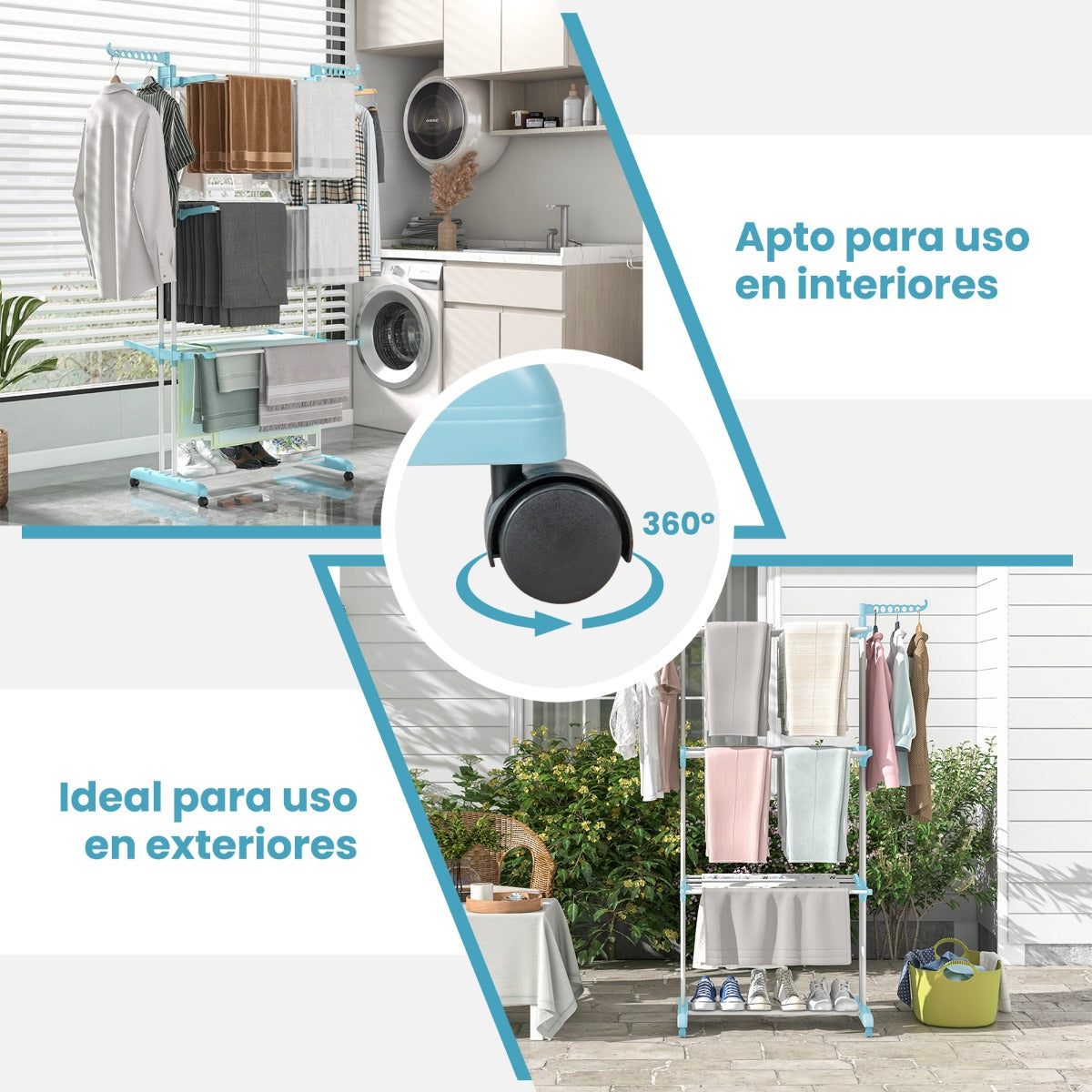 Perchero Plegable de 4 Niveles Soporte Independiente para Secar Ropa con Ruedas para Terraza Toallas Zapatos 127 x 63 x 171 cm Azul y Negro
