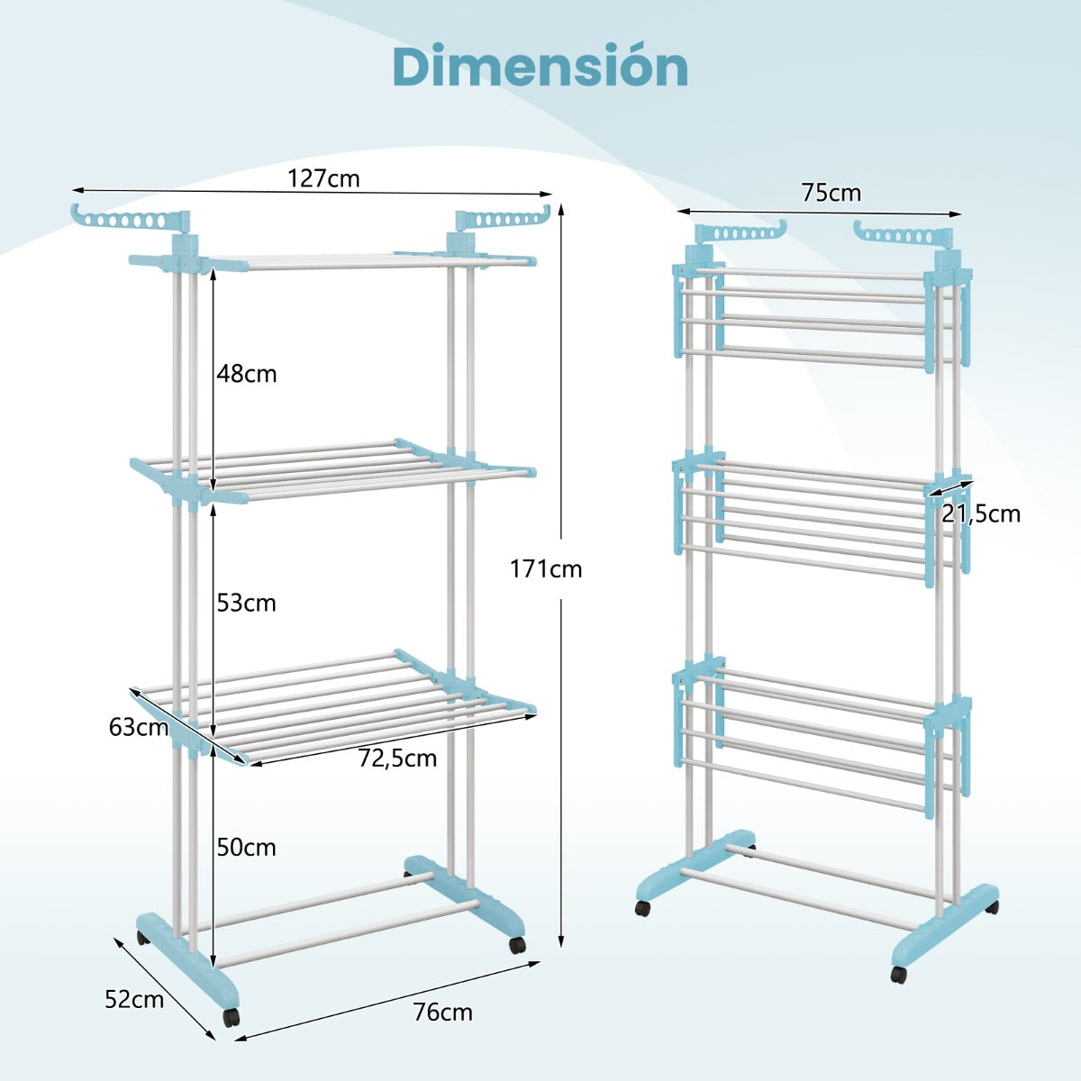 Perchero Plegable de 4 Niveles Soporte Independiente para Secar Ropa con Ruedas para Terraza Toallas Zapatos 127 x 63 x 171 cm Azul y Negro