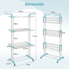 Perchero Plegable de 4 Niveles Soporte Independiente para Secar Ropa con Ruedas para Terraza Toallas Zapatos 127 x 63 x 171 cm Azul y Negro