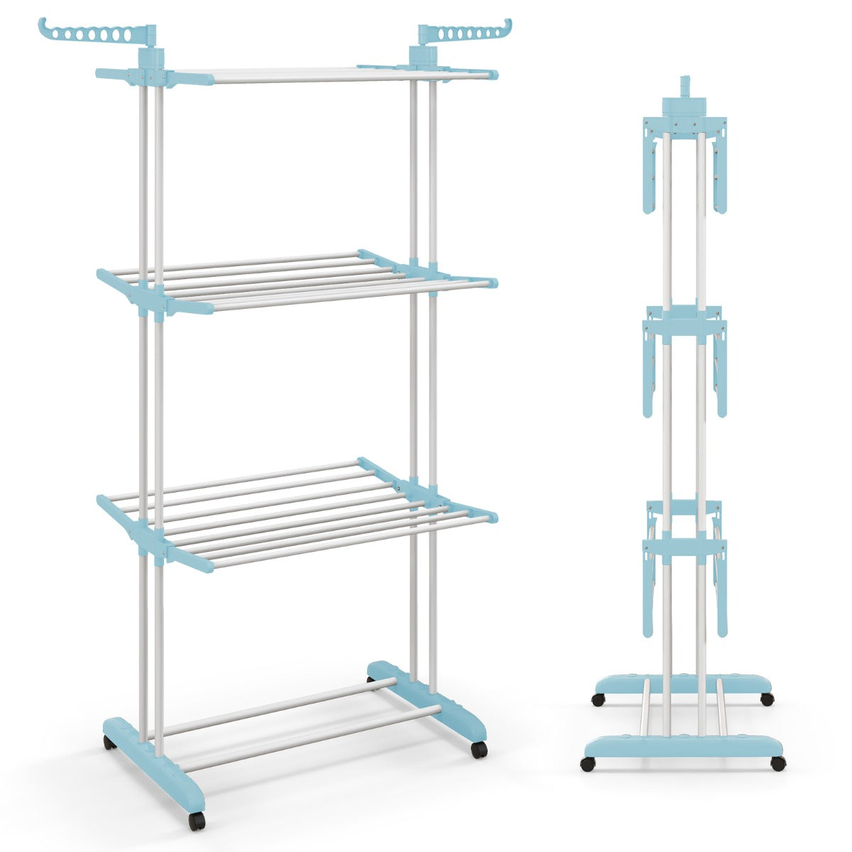 Perchero Plegable de 4 Niveles Soporte Independiente para Secar Ropa con Ruedas para Terraza Toallas Zapatos 127 x 63 x 171 cm Azul y Negro