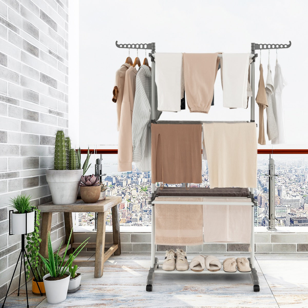 Perchero Plegable Soporte Independiente para Secar Ropa con Ruedas para Terraza 127 x 63 x 171 cm