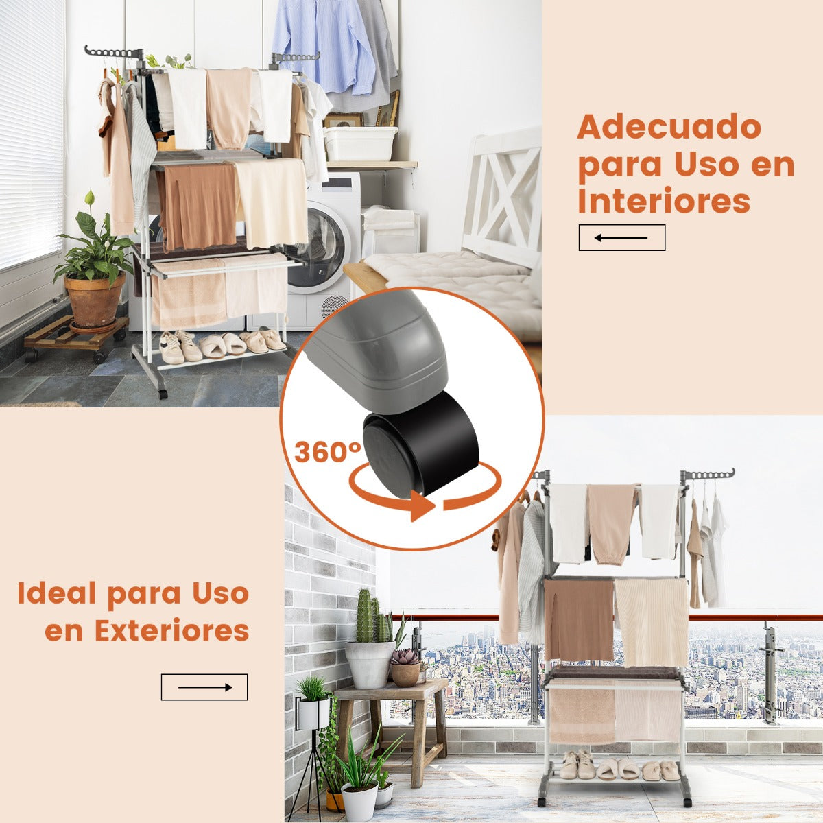 Perchero Plegable Soporte Independiente para Secar Ropa con Ruedas para Terraza 127 x 63 x 171 cm