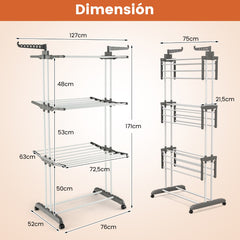 Perchero Plegable Soporte Independiente para Secar Ropa con Ruedas para Terraza 127 x 63 x 171 cm