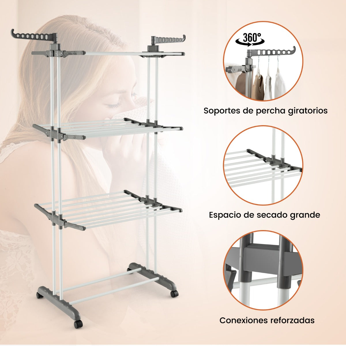 Perchero Plegable Soporte Independiente para Secar Ropa con Ruedas para Terraza 127 x 63 x 171 cm