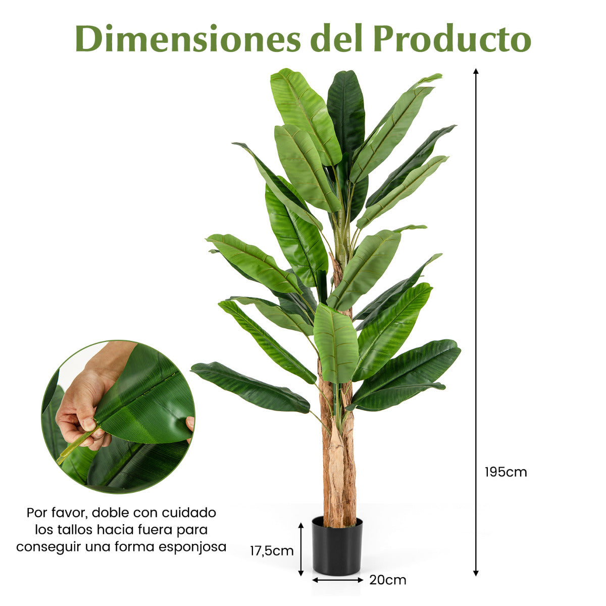 Plátano Artificial de 195 cm de Alto con 27 Hojas Grandes Tallos Triples Corteza Natural Planta Verde en Maceta Decoración 195 cm