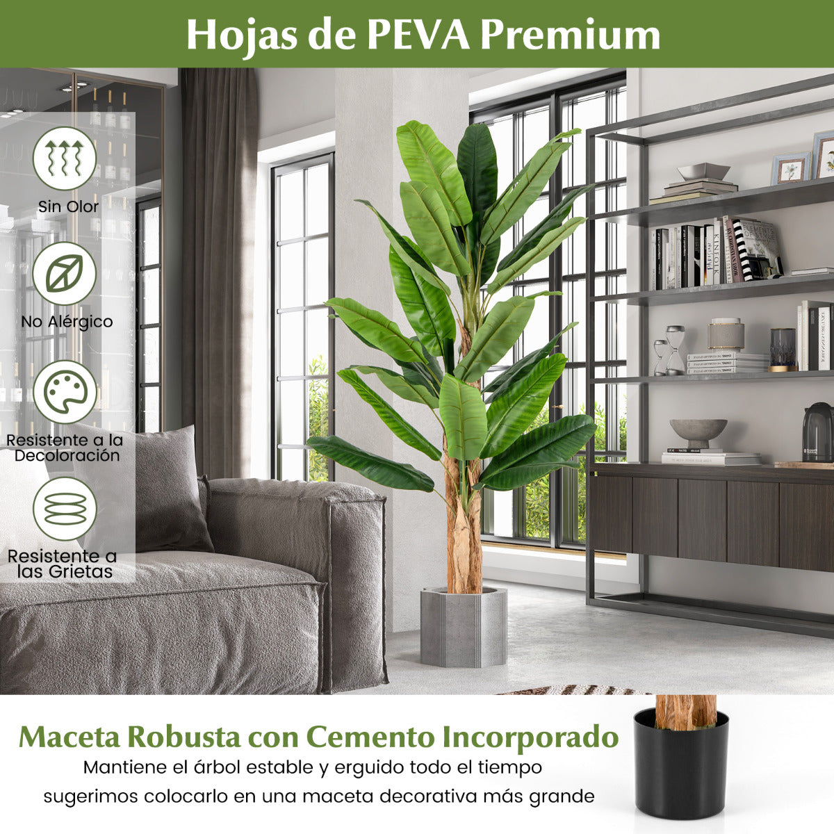 Plátano Artificial de 195 cm de Alto con 27 Hojas Grandes Tallos Triples Corteza Natural Planta Verde en Maceta Decoración 195 cm