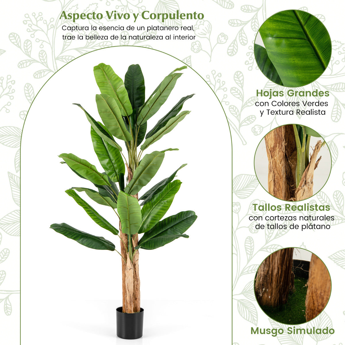 Plátano Artificial de 195 cm de Alto con 27 Hojas Grandes Tallos Triples Corteza Natural Planta Verde en Maceta Decoración 195 cm