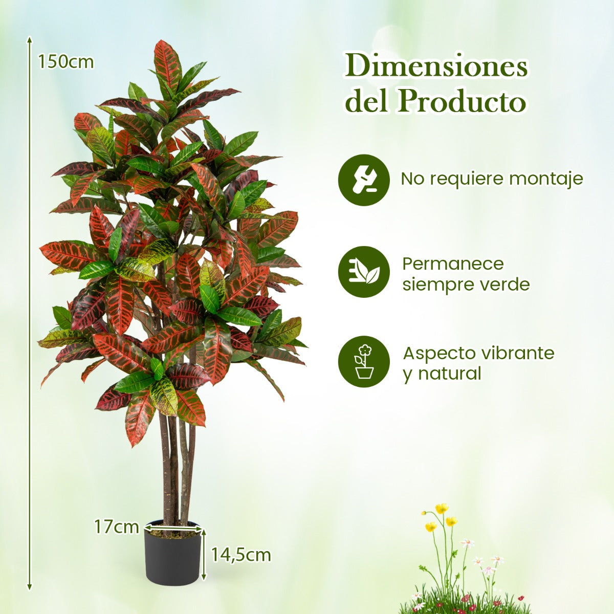 Planta Artificial de Crotón 150 cm de Hojas de Violín con Hojas en Degradé Maceta de Vivero para Oficina Hogar