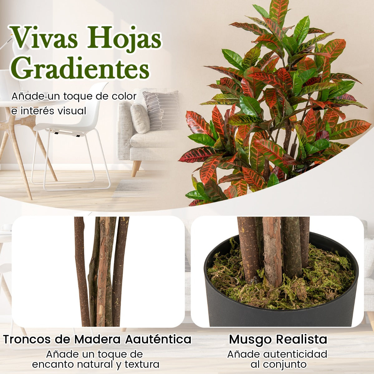 Planta Artificial de Crotón 150 cm de Hojas de Violín con Hojas en Degradé Maceta de Vivero para Oficina Hogar