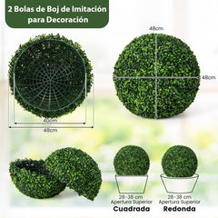 Set de 2 Piezas Planta Artificial de Bolas Topiarias Plantas Bola de Boj de Imitación de 48 cm para Porches Balcones y Jardines Verde