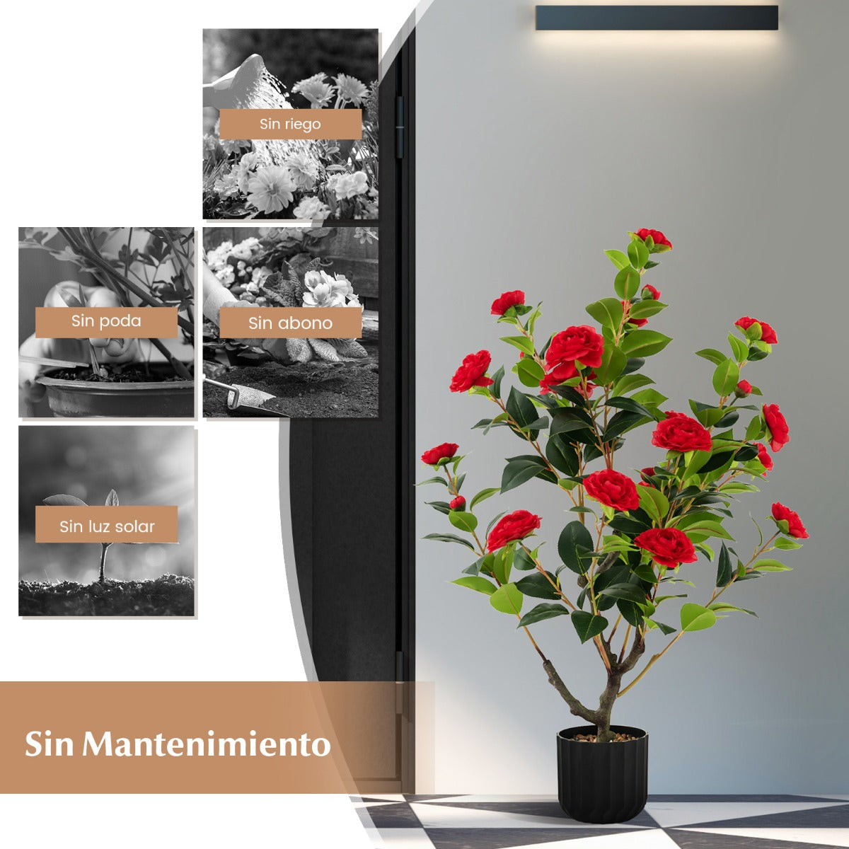 Juego de 2 Árboles de Camelia Artificial de 95 cm Planta de Flores Falsas en Maceta de Cemento-Rojo
