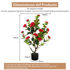 Juego de 2 Árboles de Camelia Artificial de 95 cm Planta de Flores Falsas en Maceta de Cemento-Rojo