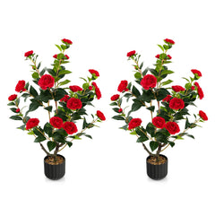 Juego de 2 Árboles de Camelia Artificial de 95 cm Planta de Flores Falsas en Maceta de Cemento-Rojo