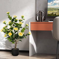 Juego de 2 Árboles de Camelia Artificial de 95 cm Planta de Flores Falsas en Maceta de Cemento-Amarillo