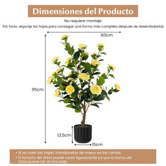 Juego de 2 Árboles de Camelia Artificial de 95 cm Planta de Flores Falsas en Maceta de Cemento-Amarillo