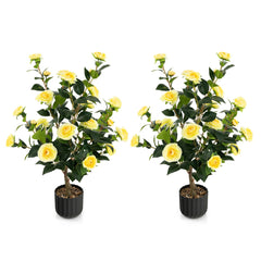 Juego de 2 Árboles de Camelia Artificial de 95 cm Planta de Flores Falsas en Maceta de Cemento-Amarillo