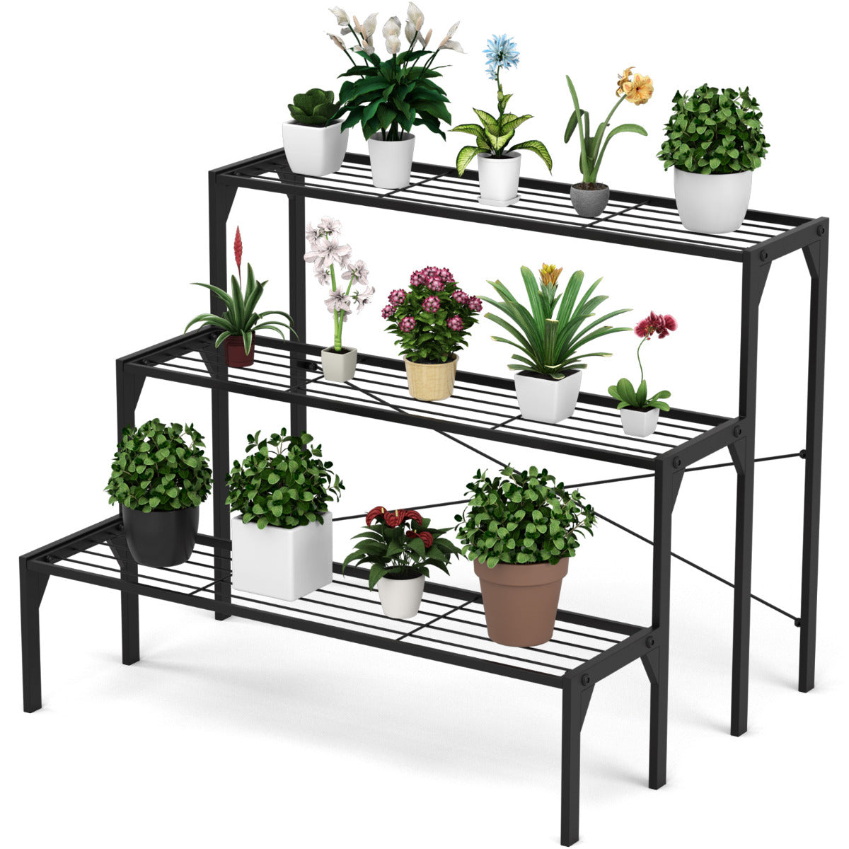 Porta Plantas de Metal 3 Niveles Estante para Flores Organizador Repisas de Listones para Patio Balcón 86,4 x 65 x 66 cm Negro