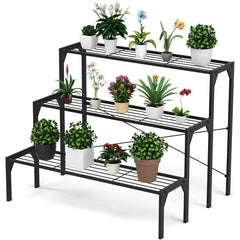 Porta Plantas de Metal 3 Niveles Estante para Flores Organizador Repisas de Listones para Patio Balcón 86,4 x 65 x 66 cm Negro