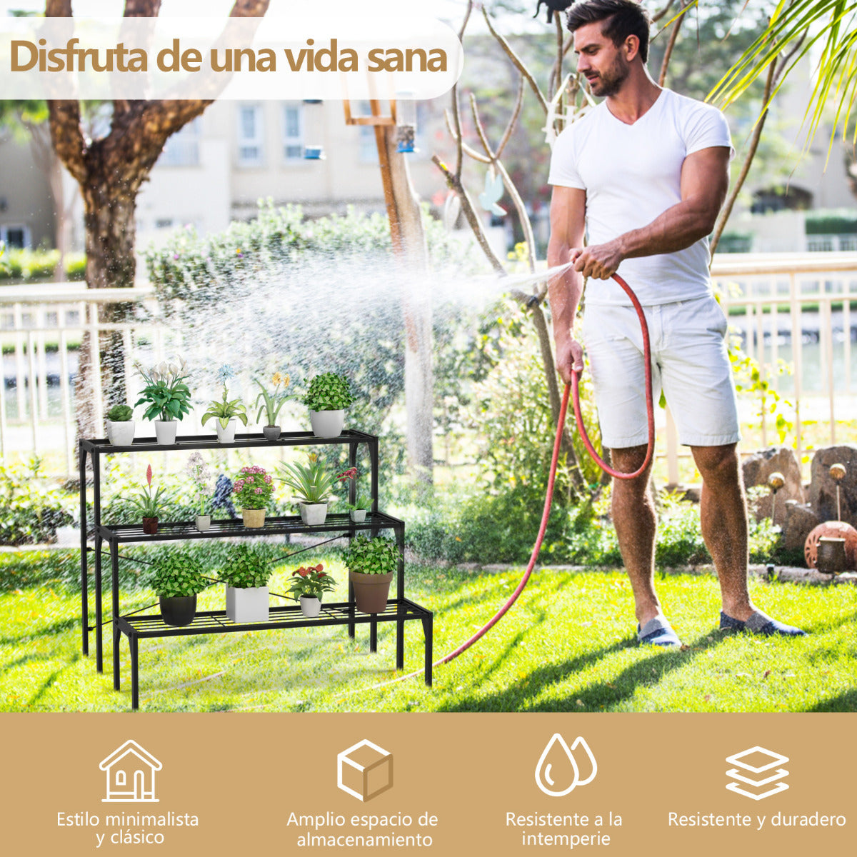 Porta Plantas de Metal 3 Niveles Estante para Flores Organizador Repisas de Listones para Patio Balcón 86,4 x 65 x 66 cm Negro