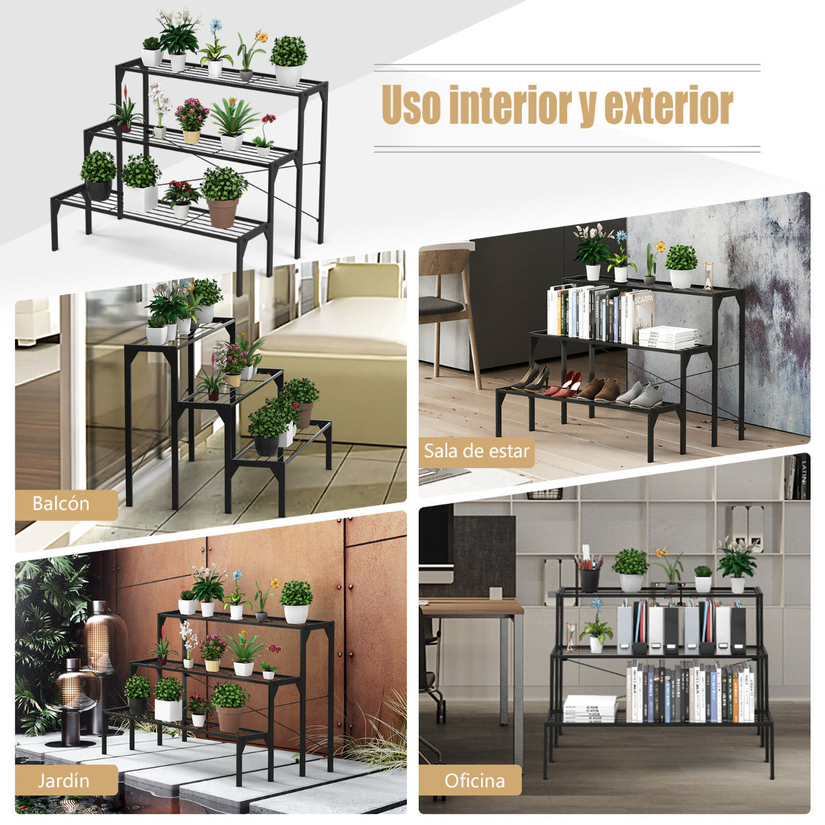 Porta Plantas de Metal 3 Niveles Estante para Flores Organizador Repisas de Listones para Patio Balcón 86,4 x 65 x 66 cm Negro