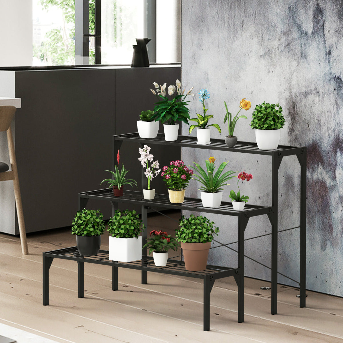 Porta Plantas de Metal 3 Niveles Estante para Flores Organizador Repisas de Listones para Patio Balcón 86,4 x 65 x 66 cm Negro