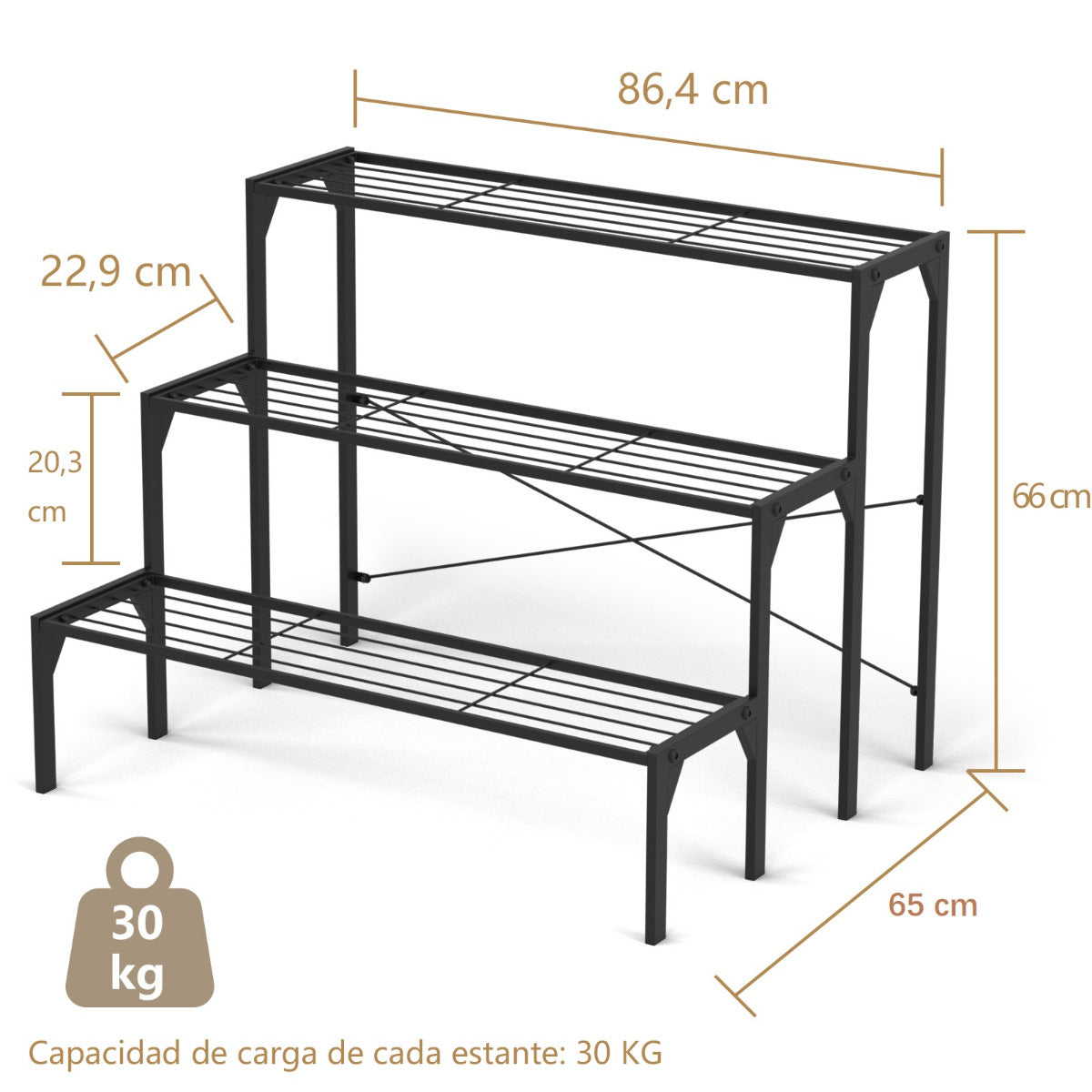 Porta Plantas de Metal 3 Niveles Estante para Flores Organizador Repisas de Listones para Patio Balcón 86,4 x 65 x 66 cm Negro