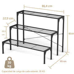 Porta Plantas de Metal 3 Niveles Estante para Flores Organizador Repisas de Listones para Patio Balcón 86,4 x 65 x 66 cm Negro