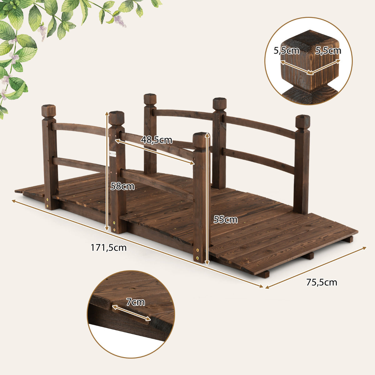 Puente de Jardín Madera 1,7 m Puente de Pie Decorativo Carbonizado con Barandillas de Seguridad Carga 180 kg para Patio Granja Parque