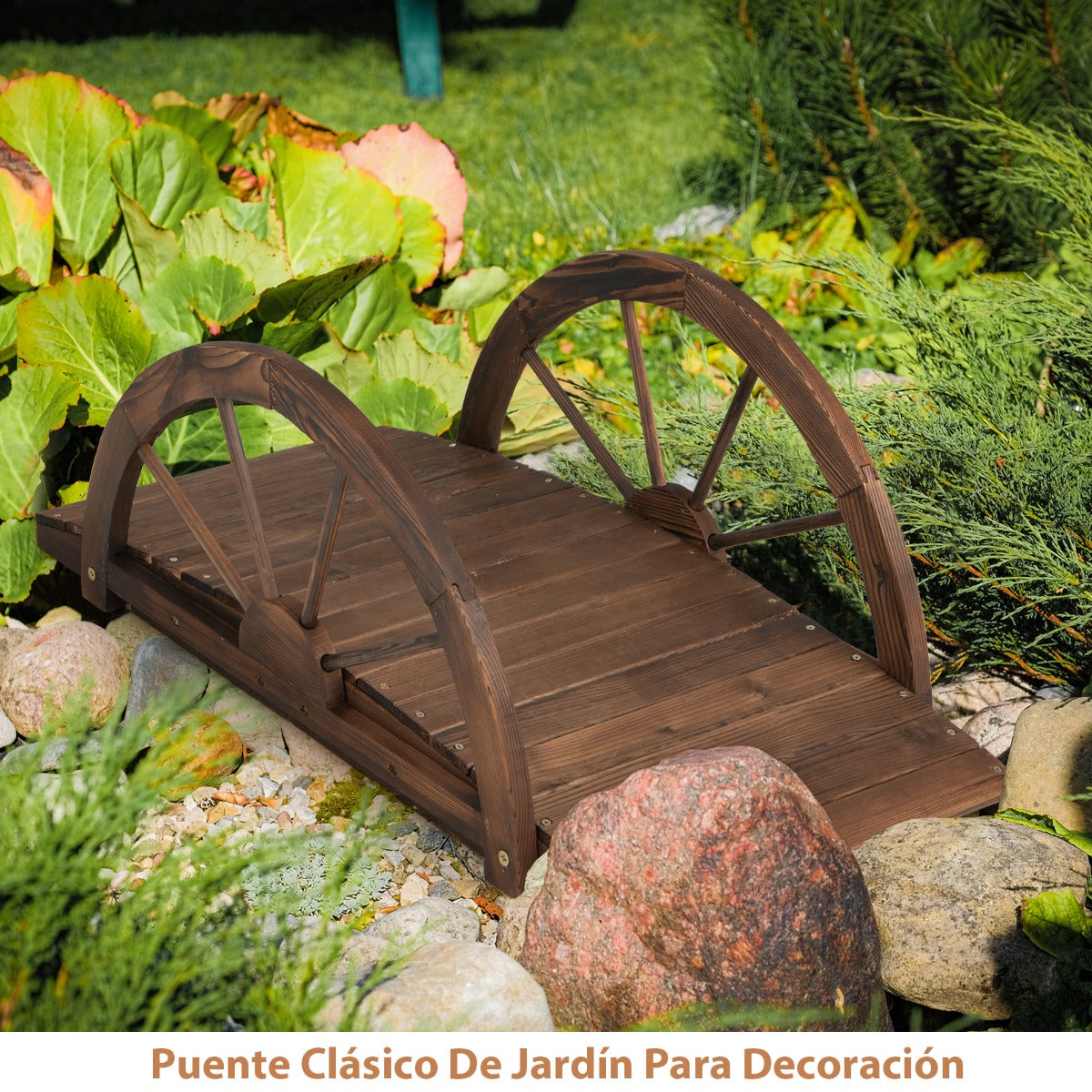 Puente de Jardín de Madera con Doble Barandilla de Media Rueda para Decoración 101,5 x 48,5 x 38 cm