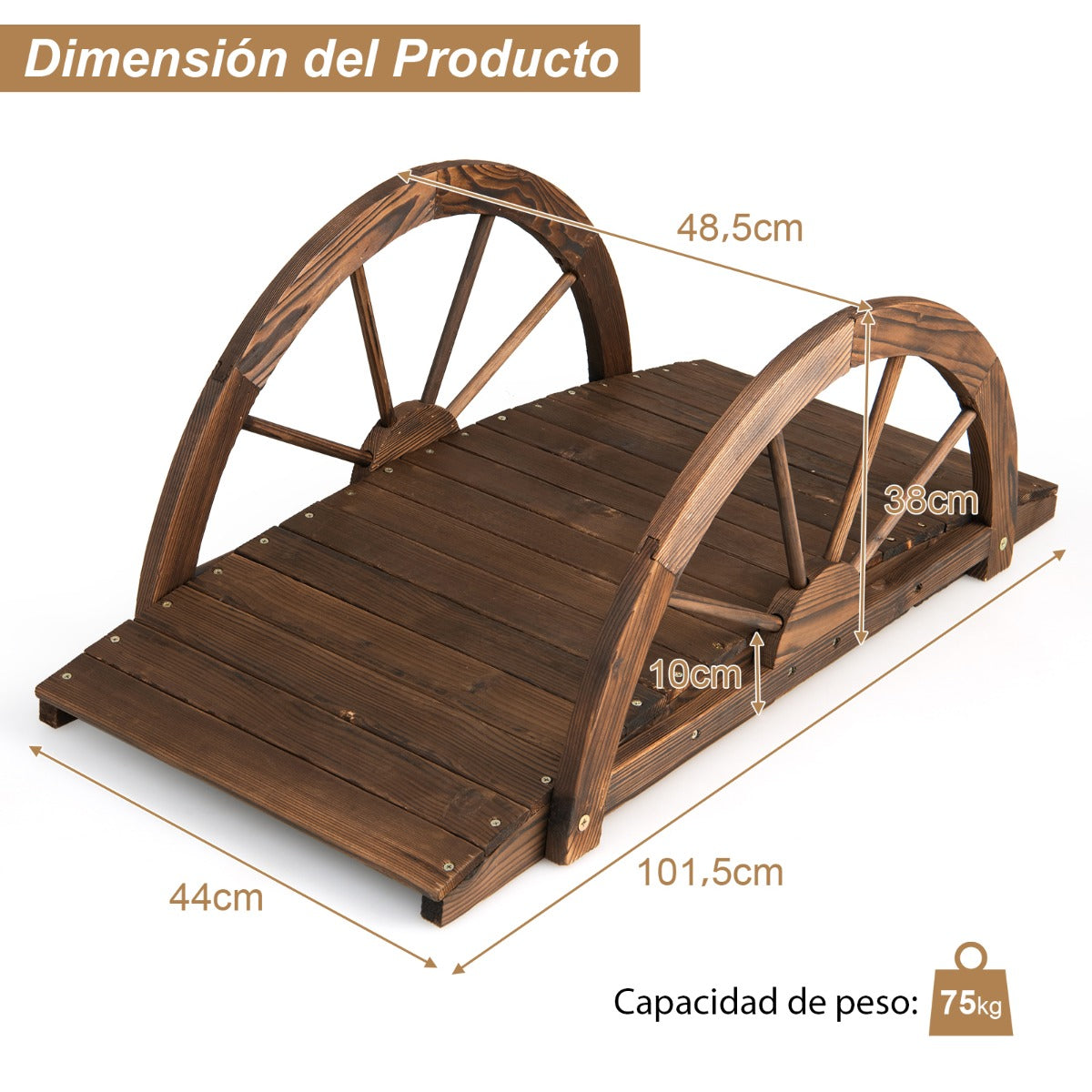 Puente de Jardín de Madera con Doble Barandilla de Media Rueda para Decoración 101,5 x 48,5 x 38 cm