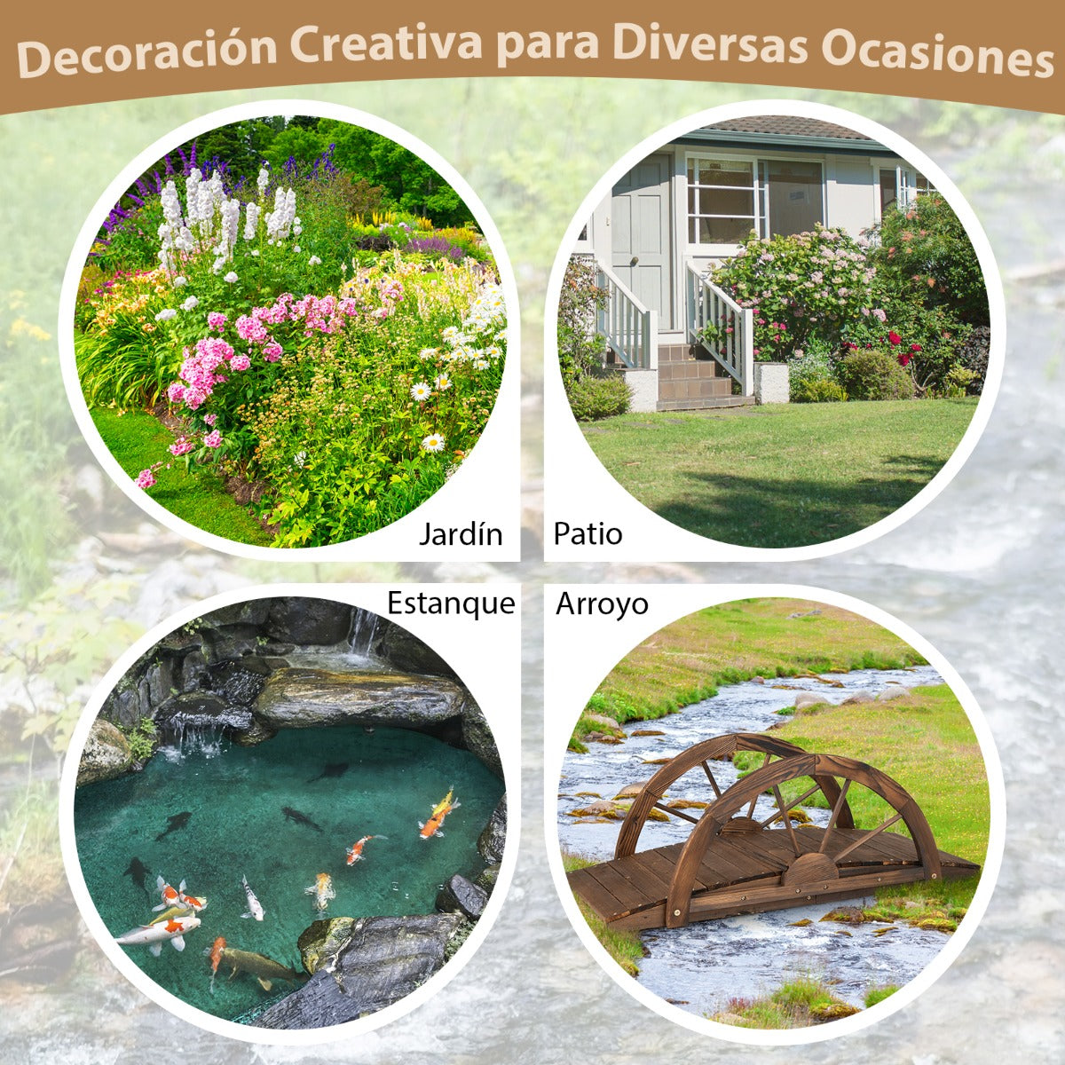 Puente de Jardín de Madera con Doble Barandilla de Media Rueda para Decoración 101,5 x 48,5 x 38 cm