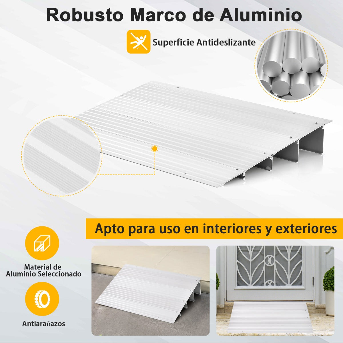 Rampa de Umbral de Puerta con Marco de Aluminio y Superficie Antideslizante Carga 317 kg para Sillas de Ruedas 86,5 x 54 x 10,5 cm Plata