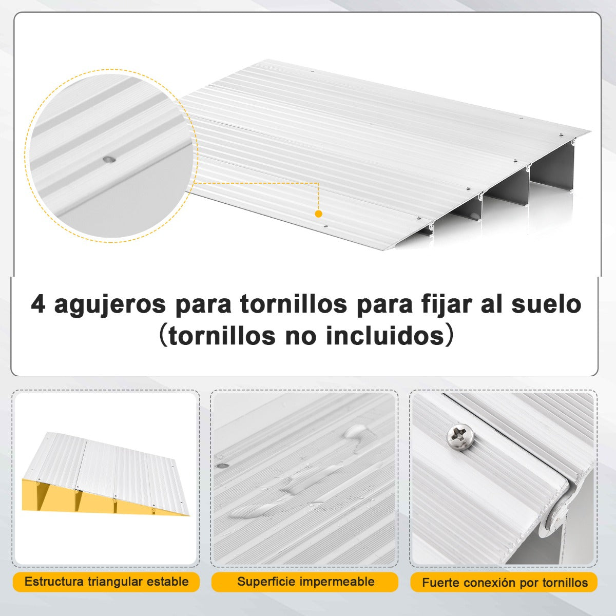 Rampa de Umbral de Puerta con Marco de Aluminio y Superficie Antideslizante Carga 317 kg para Sillas de Ruedas 86,5 x 54 x 10,5 cm Plata