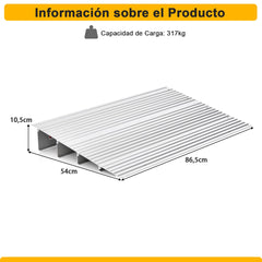 Rampa de Umbral de Puerta con Marco de Aluminio y Superficie Antideslizante Carga 317 kg para Sillas de Ruedas 86,5 x 54 x 10,5 cm Plata