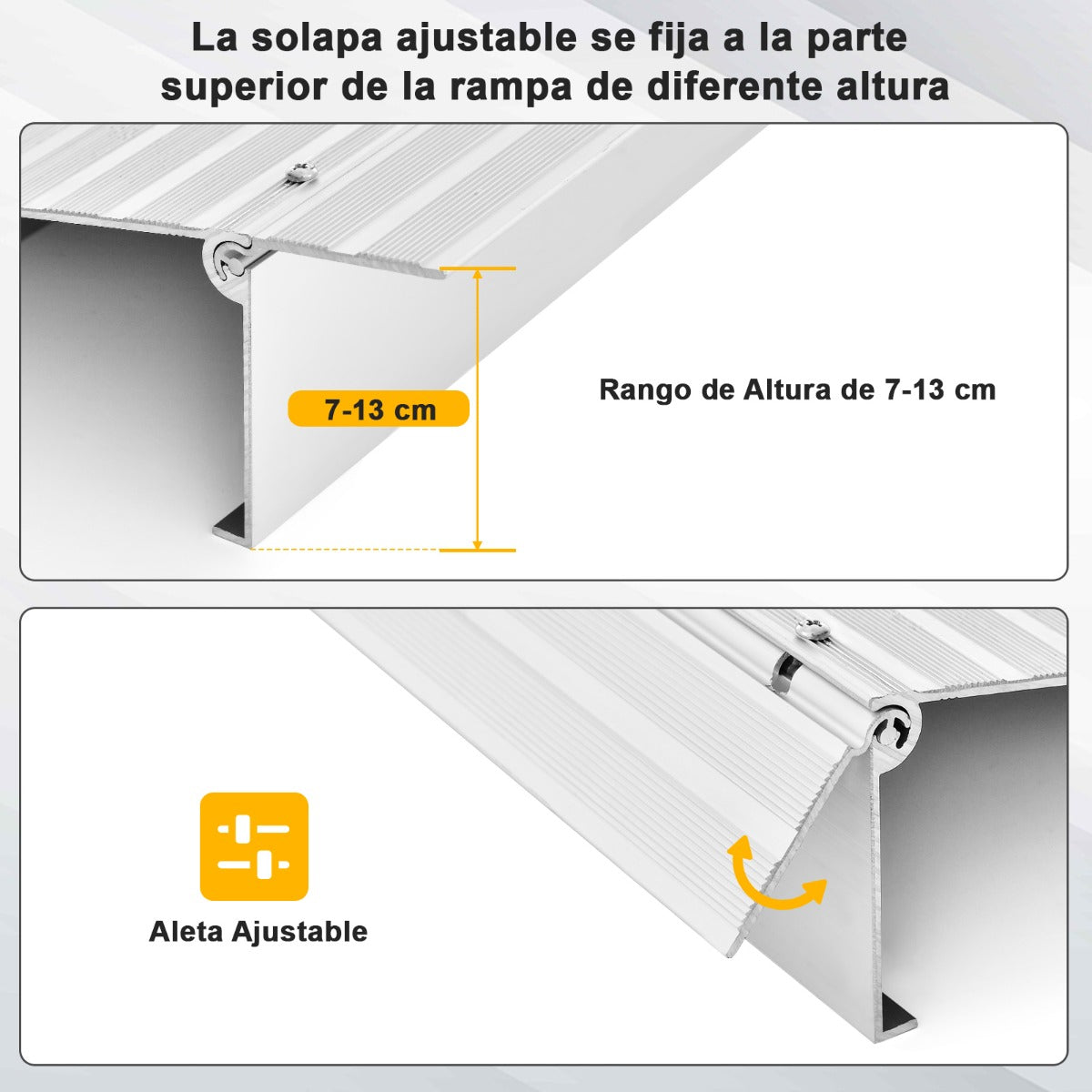 Rampa de Umbral de Puerta con Marco de Aluminio y Superficie Antideslizante Carga 317 kg para Sillas de Ruedas 86,5 x 66,5 x 13 cm Plata