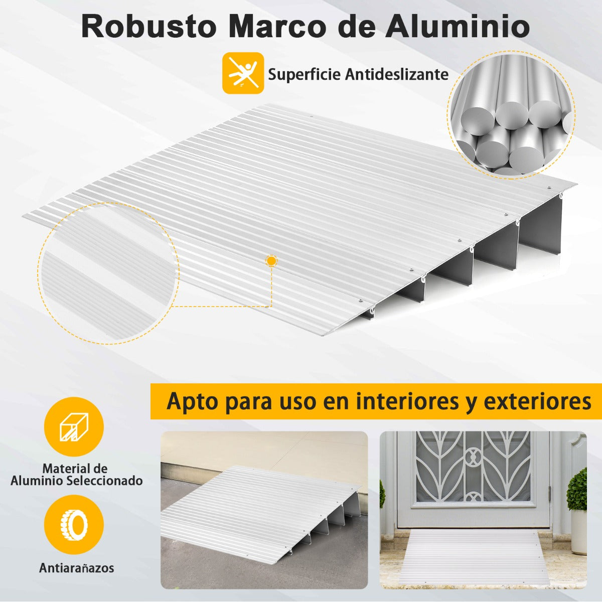Rampa de Umbral de Puerta con Marco de Aluminio y Superficie Antideslizante Carga 317 kg para Sillas de Ruedas 86,5 x 66,5 x 13 cm Plata