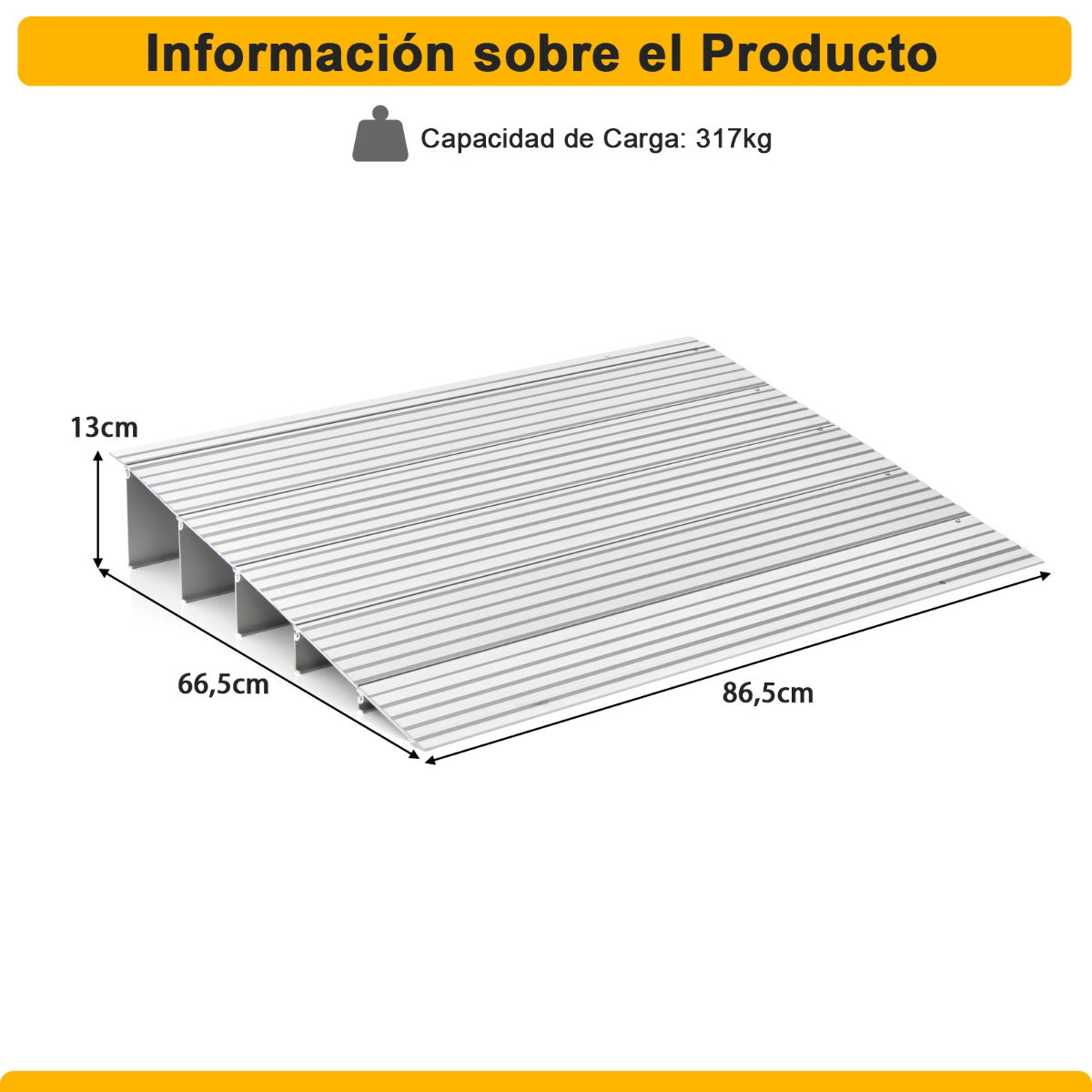 Rampa de Umbral de Puerta con Marco de Aluminio y Superficie Antideslizante Carga 317 kg para Sillas de Ruedas 86,5 x 66,5 x 13 cm Plata