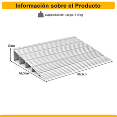 Rampa de Umbral de Puerta con Marco de Aluminio y Superficie Antideslizante Carga 317 kg para Sillas de Ruedas 86,5 x 66,5 x 13 cm Plata