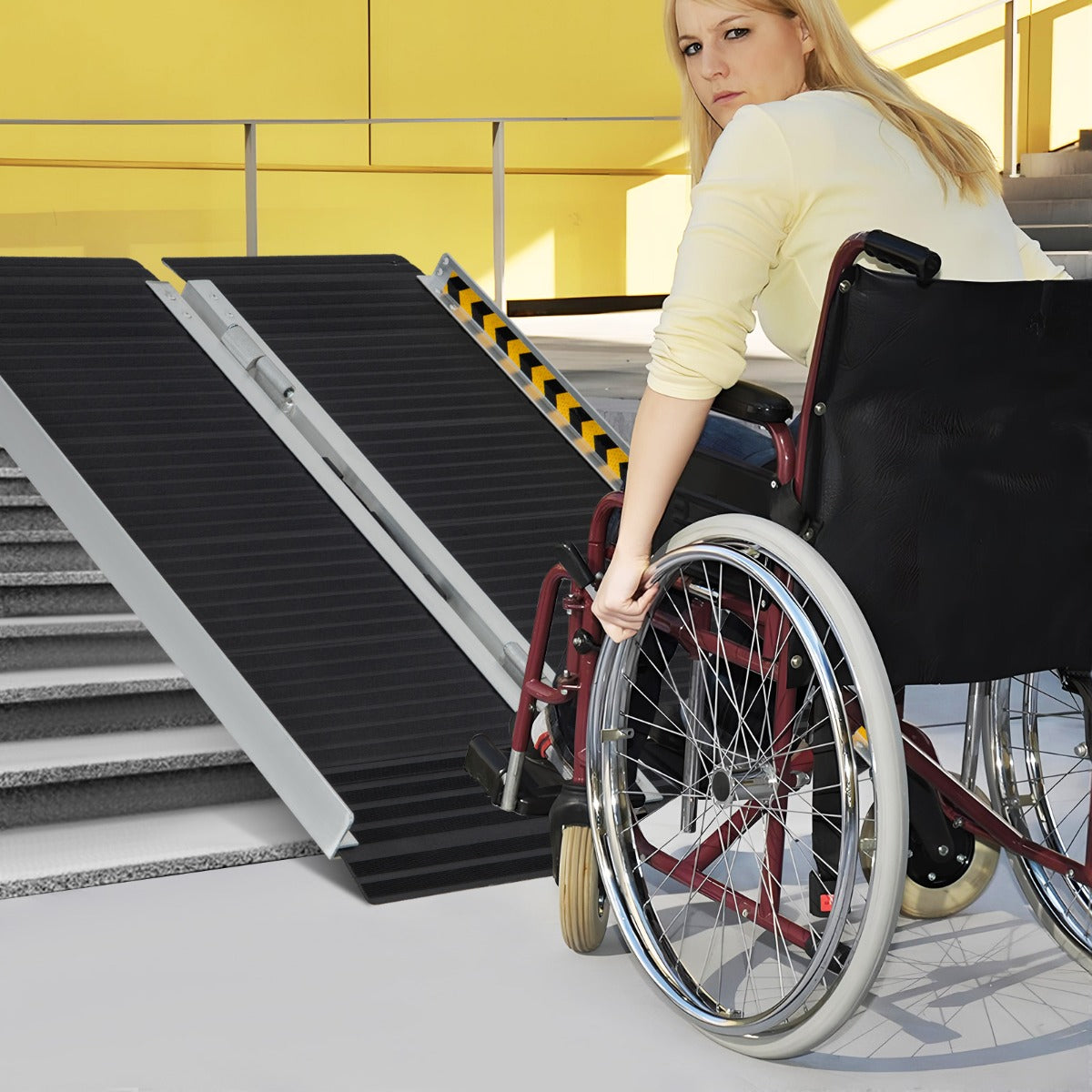 91 cm Rampa Portátil de Aluminio para Silla de Ruedas con Placa de Transición y Superficie Antideslizante para Umbrales y Escaleras